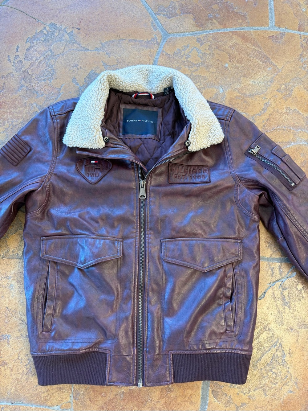 Tommy Hilfiger Top Gun Faux Burgundy Leather Aviator Bomber Jacket- Small